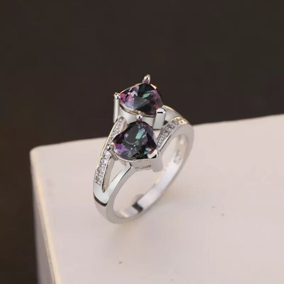 "925 Silver Plated Lovely Double Heart-Shaped CZ Ring, MLNN1192 - Picture 1 of 2